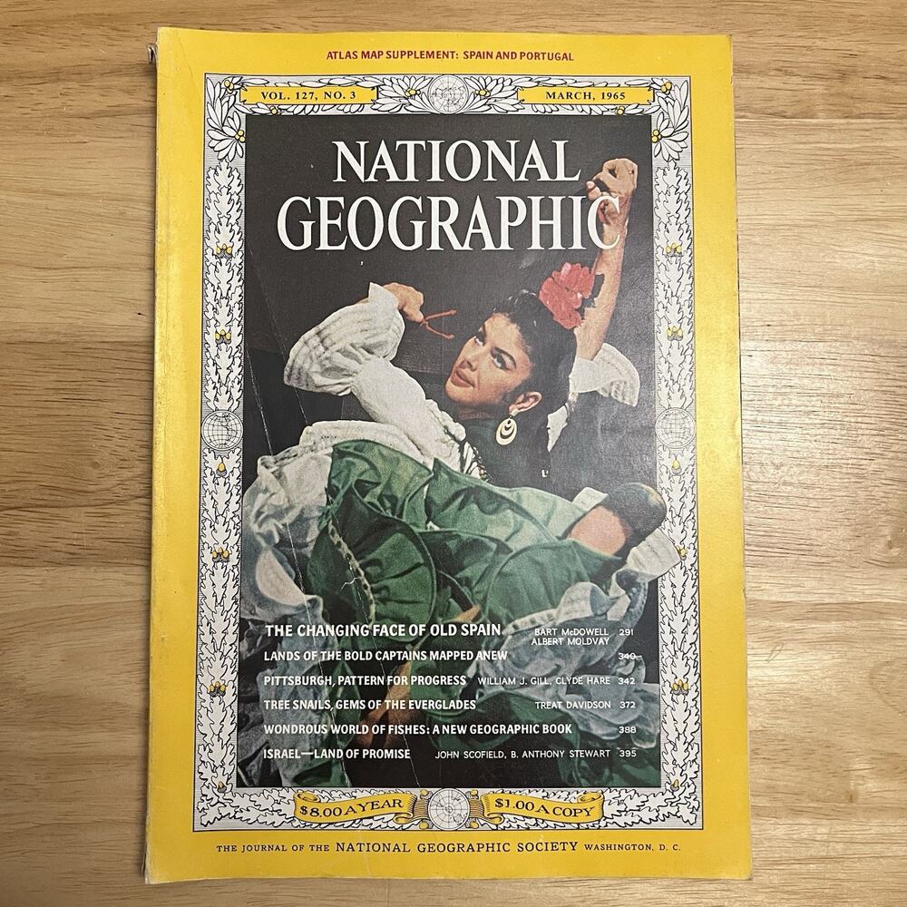 Vintage National Geographic March 1965 Spain Israel Pittsburgh No Map Magazine
